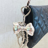 Silver Cascade Bow Charm Bag Charm Keychain Beaded Tassels Silver
