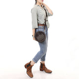 Genuine Leather Western Canteen Bag - Round Crossbody for Women Brown