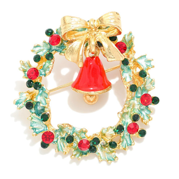 Christmas Wreath With Hanging Bell Pin Brooch 