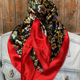 Red Flowers Printed Western Southwestern Wild Rag Scarf Accent