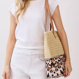 Woven Straw & Leopard Print Tote Bag in Beige