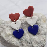 Clay Patriotic Americana Independence Red White Blue Heart Dangle Earrings