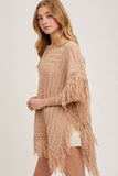 Western Fringed Knit Sweater Poncho | Latte | S/M & M/L