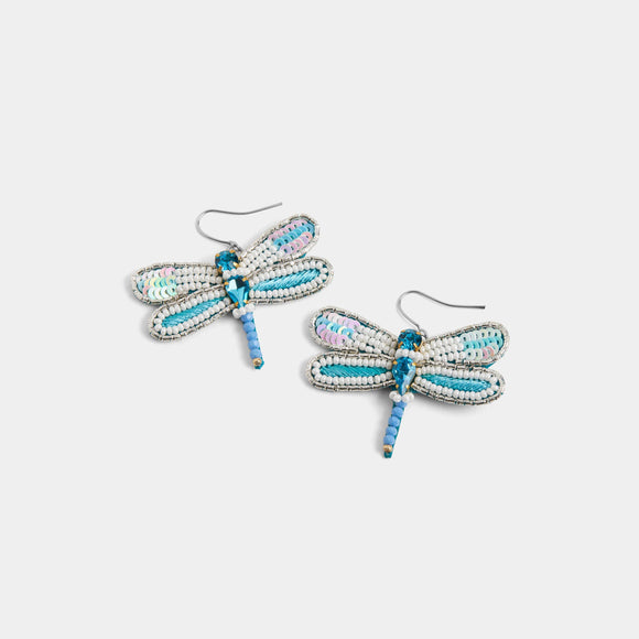 Beaded Dragonfly Dangle Earring Turquoise Blue White