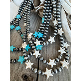 3 Layered Navajo Style Pearl with Star Stone Necklace White