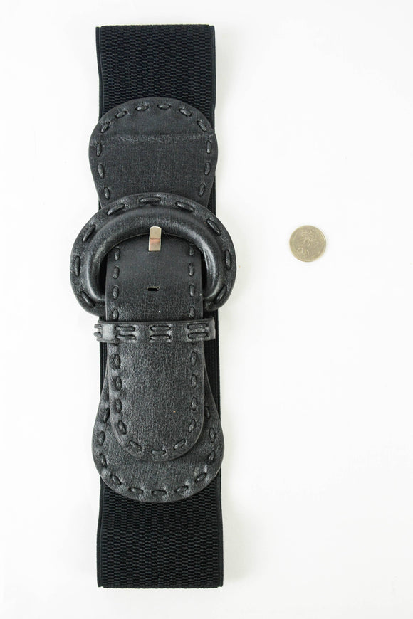 Distressed Wide Stitch Elastic Belt Western Boho Chic Style Black