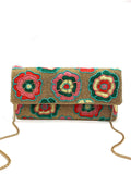 Floral Embroidery & Gold Beaded Clutch with Crossbody Chain