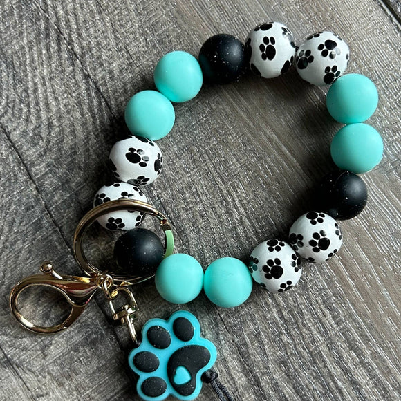 Paw Print Silicone and Wooden Bead Wristlet Keychain Bag Charm Teal