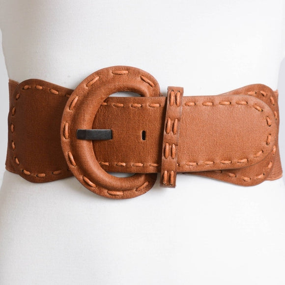 Distressed Wide Stitch Elastic Belt Western Boho Chic Style Camel Brown