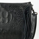 Black Croc Embossed Leather Fringe Crossbody  Western Cowgirl Rodeo