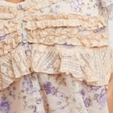 Floral Print Ruffle Lace Trimmed Sweetheart Neck Top Violet Combo