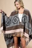 Aztec Leopard Print Fringe Ruana | Cozy Wrap | Gray