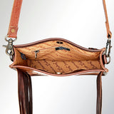 Hand-Tooled Genuine Leather Crossbody Bag with Fringe - Western Women's Purse