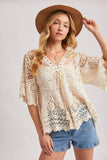 Boho Sheer Crochet Lace Top with Tassels - Natural