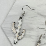 Silvertone with White Stone Cactus Dangle Earrings