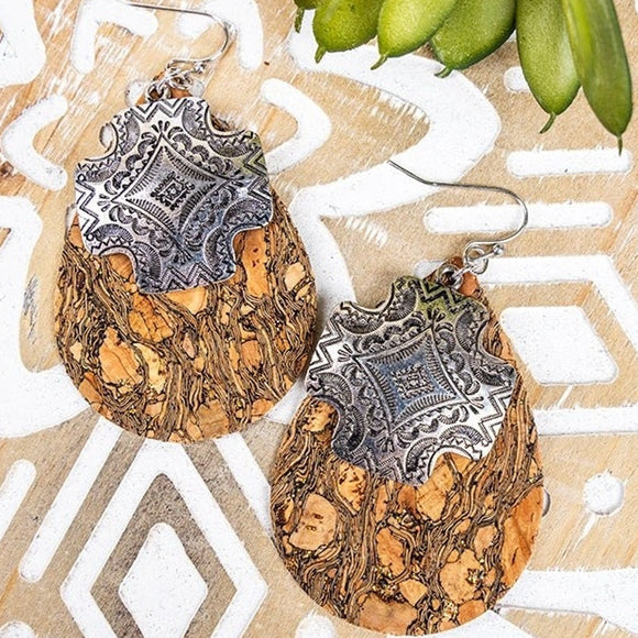 Silvertone Western Southwest Square Cross and Cork Teardrop Earrings