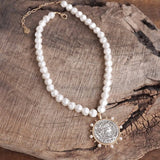 Boho Coin & Pearl Statement Necklace | Mixed Metal Gold & Silver Tone