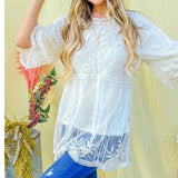 Boho Floral Embroidered Mesh Tunic Top with Lining Off White