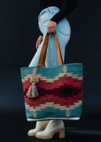 Cotton Wool Woven Teal Burgundy Tan Western Southwestern Aztec Tote