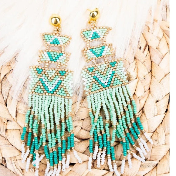Sheridan Lake Mint Green Seed Bead Fringe Earrings