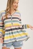 Button Front Multicolor Stripe French Terry Babydoll Top