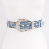 Rhinestone & Metal Studded Elastic Belt in Light Blue