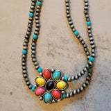 Double Strand Stone Flower Pendant Necklace