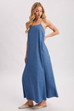 Denim Open Back Maxi Dress - Sleeveless Tent Dress with Pockets