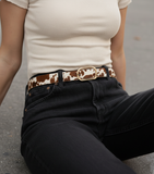 Western Cow Print Leather Belt - Calf Hair Belt with Gold Buckle