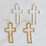 Dangle Cross Outlined Earrings Silver Tone