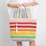Striped Straw Crochet Tote Bag With Pom Pom Tassel