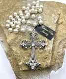 Vintage Pearl Beaded Cross Necklace | Cream Glass Bead Rosary Chain & Crystal Accent | 18"