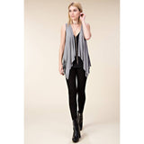 Open Front Draped Vest with Fringe Hem and Bullhead Print in Grey