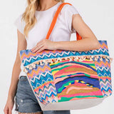 Boho Print Pom Pom Fringe Tote Bag in Multi