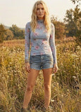 Floral Mesh Mock Neck Top — Aqua Blue