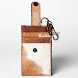 Genuine Cowhide Leather Keychain Cardholder Wallet with Snap Closure Brown White
