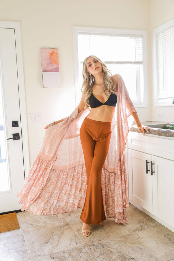 Boho Paisley Perfection Free Flow Longline Ruffle Kimono Blush Pink