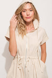 Short Sleeve Drawstring Hooded Mini Dress Almond