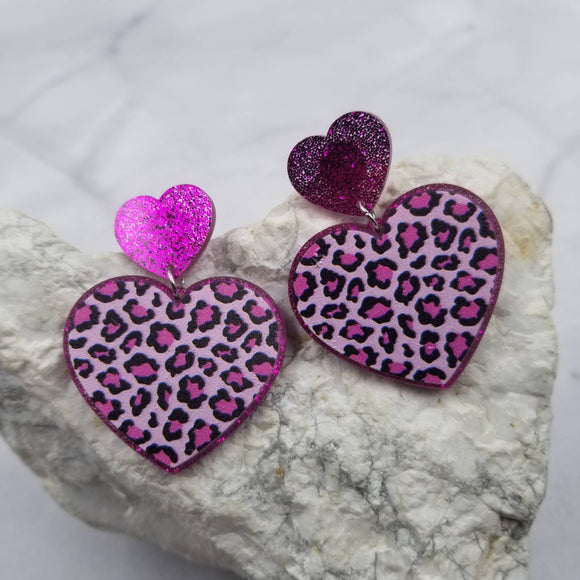 Glitter Acrylic Double Heart Leopard Heart Earrings Purple