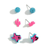 Set of Three Texas Stud Earrings Turquoise and Hot Pink