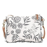 Canvas With Flowers And Fringe Trim Crossbody Bag Purse Blue White Tan