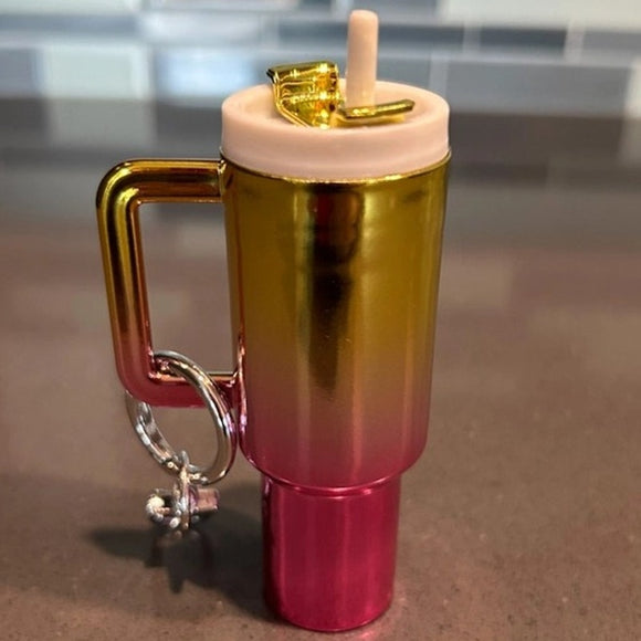 Chrome Ombre Plastic Tumbler Keychain with Removable Lid Gold Pink