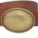 Brown Western Rope Trim Vegan Leather Belt with Oval Burnished Gold Buckle