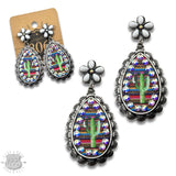 Western Southwestern Serape Crystal Cactus Flower Post Teardrop Earring