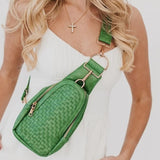 Waverly Woven Crossbody Sling Bag with Strap Extender Emerald Green