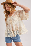 Boho Sheer Crochet Lace Top with Tassels - Natural