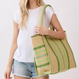 Natural Paper Straw Tote Bag with Multicolor Stripes in Green