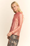 Lightweight Metallic Mesh Long Sleeve Layering Top Coral