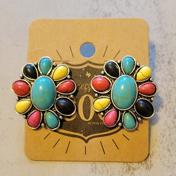 Western Southwestern Multicolor Stone Flower Post Earring