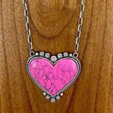 Pink Stone Heart Necklace Paper Clip Chain
